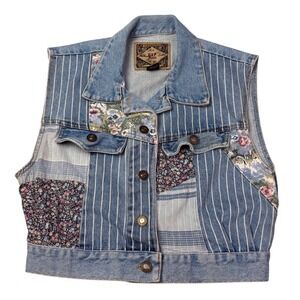 Vtg Express Jeans Patchwork Denim Vest Women Sz M Blue Striped Floral Button USA